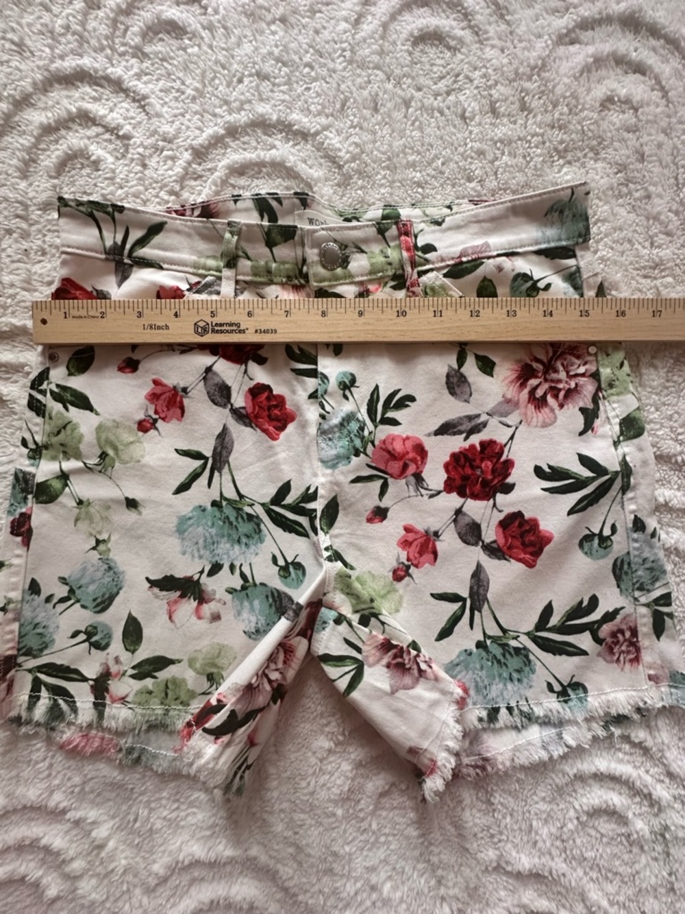 Workshop Republic Clothing White Floral Jean Shorts with Red & Green Blooms